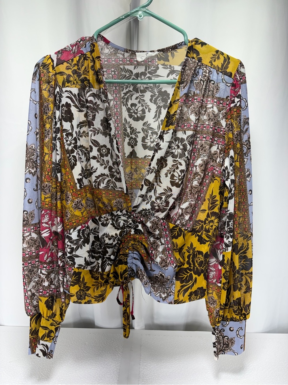Mixed Floral Patchwork Tie-Front Blouse in Mustard Multi 4583